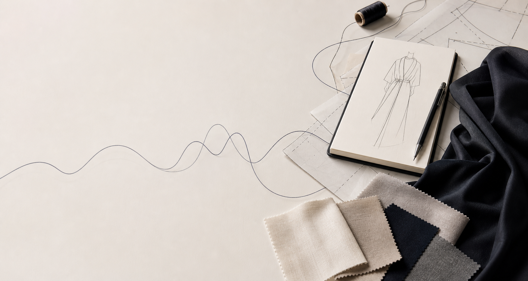 Carnet de croquis, tissus et fil dans un atelier de mode